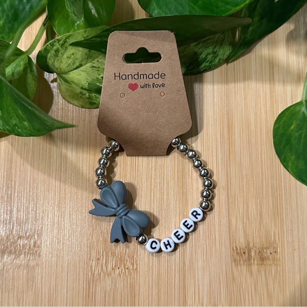 Silver Kids’ Stretchy Beaded Cheer Bracelet | Handmade | Silicone Bow 📣✨ - Picture 1 of 1